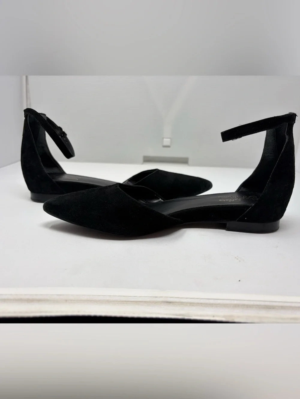 Seychelles Plateau d'Orsay Flats Black Suede Leather 9.5 Ankle Strap Pointy Toe